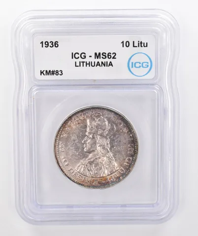 1936 Lithuania 10 Litu KM#83 MS62 ICG Beautiful Tone *0257