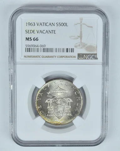 MS66 1963 Vatican 500 Lire Silver Sede Vacante NGC Toned! *8994