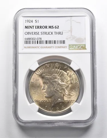 Mint Error MS62 1924 Peace Silver Dollar OBV Struck Thru NGC *1978