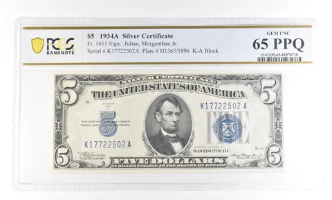 1934 A $5 Silver Certificate Fr#1651 Gem Unc 65 PPQ PCGS a2805