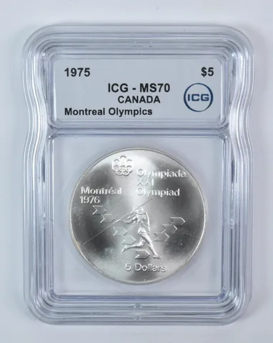 1975 Canada 5 Dollars Silver Montreal Olympics Javelin MS70 ICG