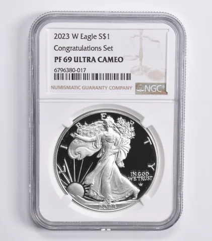 2023-W American Silver Eagle Congratulations Set PF69 UCam NGC Brown Lbl