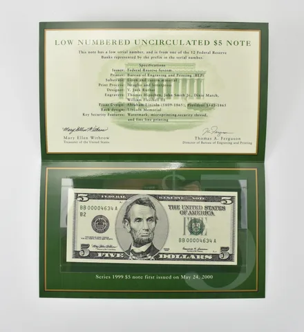 1999 $5 FRN B Bank Low Serial Number BEP *0385