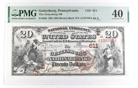 1882 $20 Gettysburg PA National Currency Charter 611 Fr#494 40 XF PMG *9588