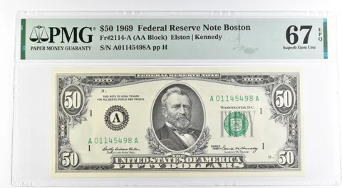 1969 $50 Boston MA US FRN Fr#2114-A 67 Superb Gem Unc EPQ PMG *8494