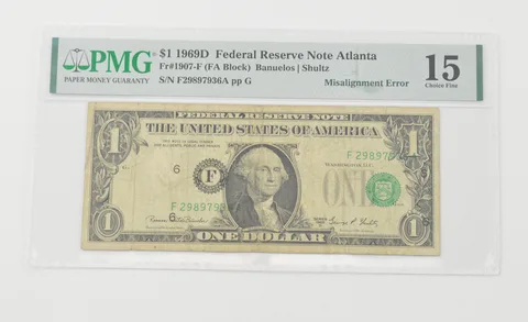 Choice F15 1969-D $1 FRN Atlanta - FR#1907-F - Misalignment Error PMG *6570