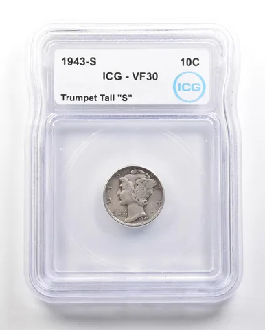 1943-S Mercury Dime Trumpet Tail "S" VF30 ICG *6395