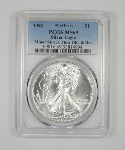 MS69 1988 American Silver Eagle Error Minor Struck Thru OBV & REV - PCGS *8986