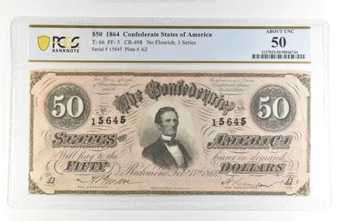 1864 $50 Confederate States America Large Note T-66 PF-5 CR-498 AU 50 PCGS *4214