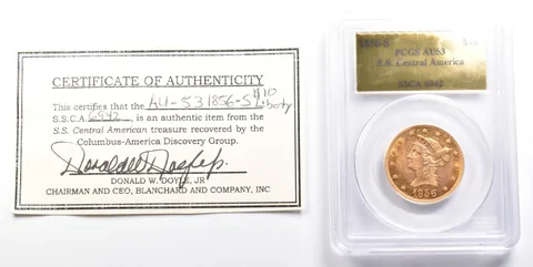 1856-S $10 Liberty Head Gold Eagle SS Central America AU53 PCGS W/ CoA *2127