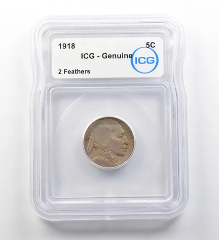 1918 Indian Head Buffalo Nickel 2 Feathers Genuine ICG ERROR *8177