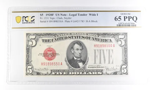 1928 F $5 US Legal Tender Wide I Fr#1531 Gem Unc 65 PPQ PCGS a2374