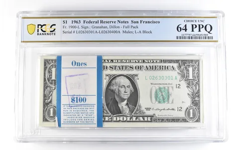 Lot (100) 1963 $1 San Francisco CA FRN Fr#1900-L Full Pack Unc 64 PPQ PCGS *1696