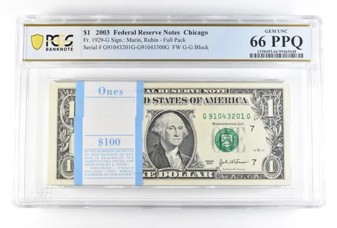 (100) 2003 $1 Chicago IL FRN Fr#1929-G Full Pack Gem Unc 66 PPQ PCGS *0197