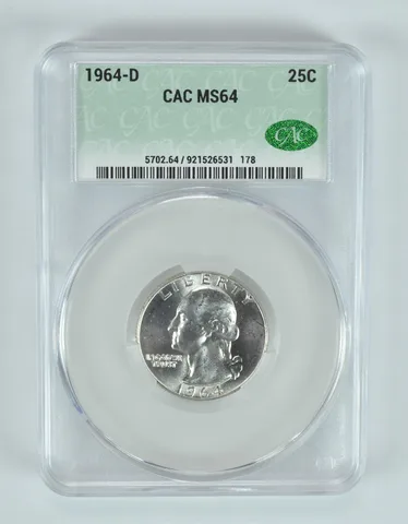 1964-D Washington Quarter MS64 CAC CACg