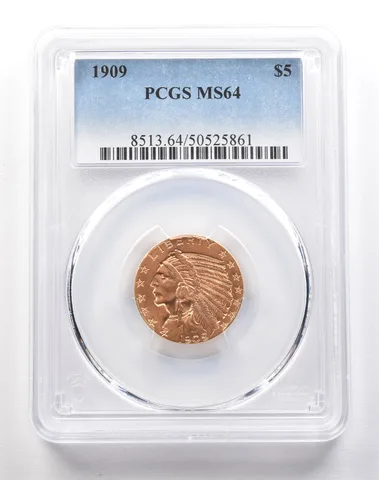 1909 $5 Indian Head Gold Half Eagle MS64 PCGS a1839