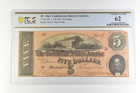 1864 $5 Confederate States America T-69 PF-1 CR-558 Uncirculated 62 PCGS *4489