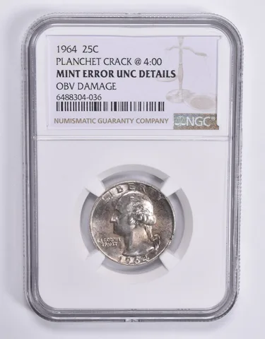 MINT ERROR 1964 Washington Quarter Planchet Crack @ 4:00 NGC a1856