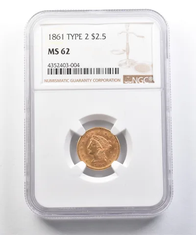 1861 $2.50 LIberty Head Gold Quarter Eagle Type 2 MS62 NGC *5028