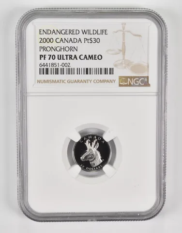PF70 UCAM 2000 Canada $30 Platinum - Pronghorn - Endangered Wildlife NGC *0082
