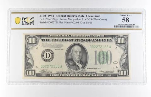 1934 $100 Cleveland OH FRN Fr#2152a DGS (Blue-Green) Choice AU 58 PCGS *7889