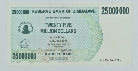 2008 Zimbabwe 25 Million Dollars Bearer Cheque