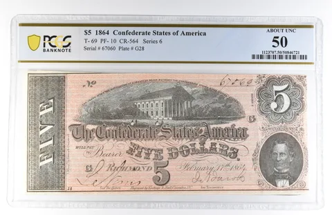 1864 $5 Confederate States Of America T-69 PF-10 CR-564 About Unc 50 PCGS *8131