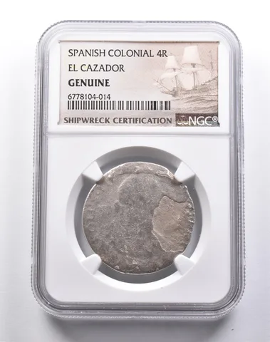 Genuine El Cazador Spanish Colonial 4 Reales NGC Shipwreck Certification *3700
