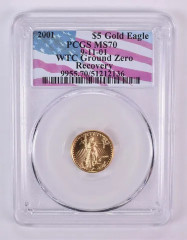 2001 $5 American Gold Eagle WTC Ground Zero 1/10 Oz Gold MS70 PCGS *1009