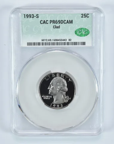 1993-S Washington Quarter CLAD PR69 DCAM CAC CACg