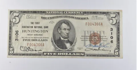 1929 $5 Huntington, WV US National Currency Note 3106 Signed Gohen *7301