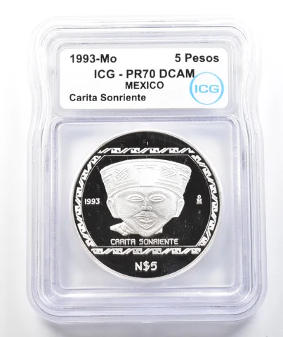 1993 Mo Mexico 5 Pesos Silver Carita Sonriente PR70 DCAM ICG *9888