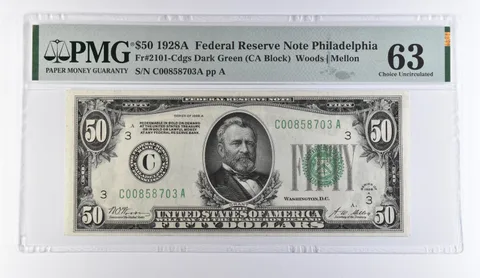 1928 A $50 Philadelphia PA FRN r#2101-Cdgs Dark Green Choice Unc 63 PMG *9390