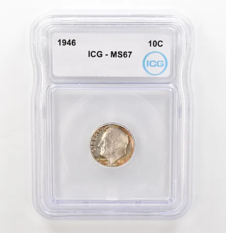 1946 Roosevelt Dime MS67 ICG Beautiful Tone Reverse a3914