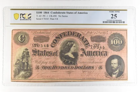 1864 $100 Confederate States Large Note T-65 PF-1 CR-490 VF 25 PCGS *4174