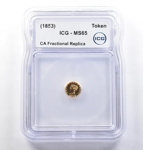 (1853) CA Fractional Gold Style Token Liberty Head 1/4 Dollar MS65 ICG *3809