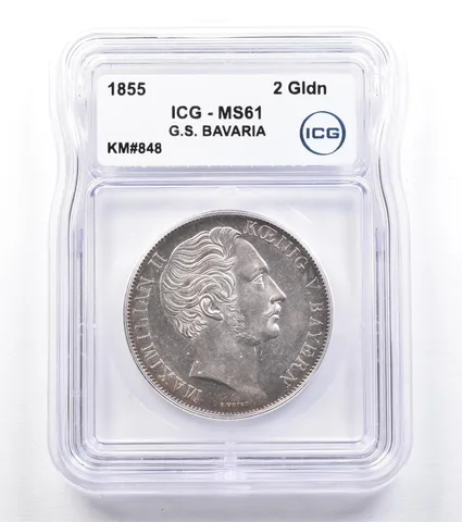 1855 German States Bavaria 2 Gulden KM#848 MS61 ICG *1835