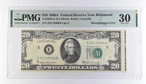 1969 A $20 Richmond VA FRN Misalign Error Fr#2068-E VF 30 PMG *9465