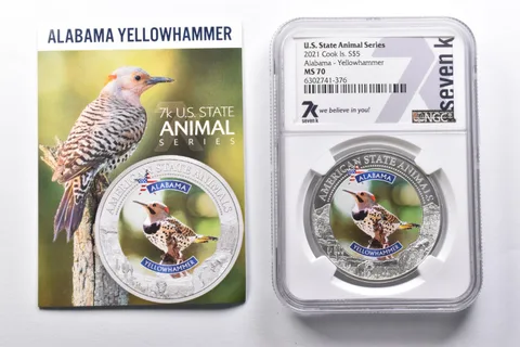MS70 2021 Cook Islands $5 Silver US Animal Alabama Yellowhammer NGC CoA a2472