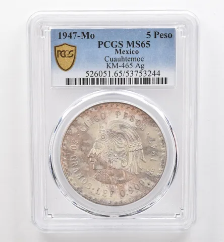 1947 Mo Mexico 5 Pesos Silver Cuauhtemoc KM-465 MS65 PCGS Beautiful Tone *9565
