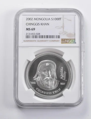 MS69 2002 Mongolia 1000 Tugrik Silver Chinggis Khan NGC a4808