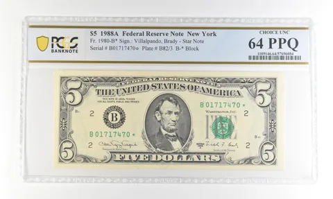 1988 A $5 FRN New York NY Star Note FR#1980-B* Choice Unc 64 PPQ PCGS *4246