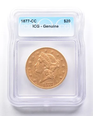 1877-CC $20 Liberty Head Gold Double Eagle Genuine ICG a0588