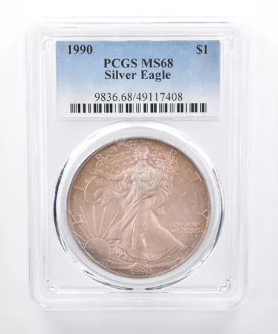 1990 American Silver Eagle MS68 PCGS Purple/Orange Tone *8403