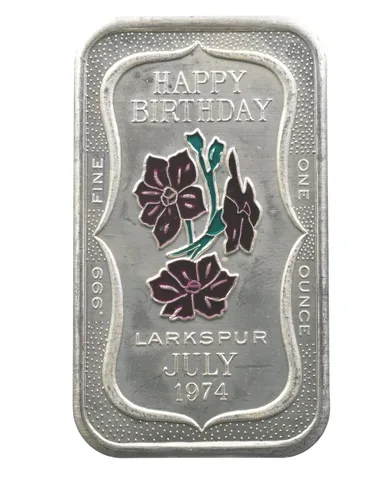 1974 1 Oz Silver Bar Happy Birthday July Larkspur Ceeco *1068