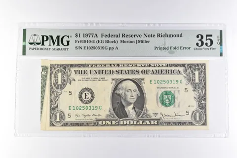 PMG 35 Choice VF EPQ $1 1977 FRN Richmond Fr#1910-E Printed Fold Error *3098