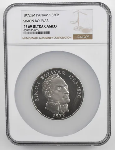1972 FM Panama 20 Balboas Simon Bolivar Silver PF69 UCam NGC Brown Lbl