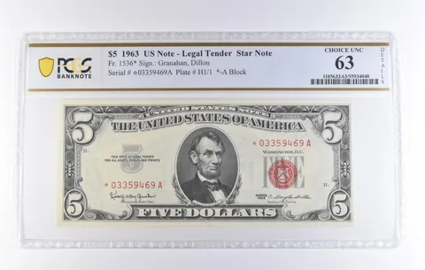 1963 $5 Legal Tender Star Note Fr#1536* Choice Unc 63 Details PCGS *8297