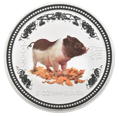 2007 Australia 8 Dollars Silver Year Of The Pig Colorized 5 Oz *5408