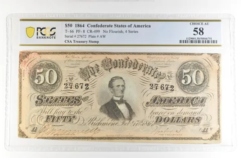 1864 $50 Confederate States Large Note T-66 PF-8 CR-499 Choice AU 58 PCGS *4206